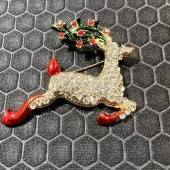 Reindeer Brooch Silver, Gold, and Red 18K White Gold Plated - Picture 1 of 1